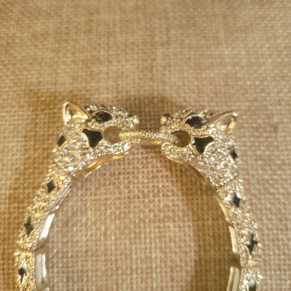 Gold Rhinestone Double Panther Head Stretch Bangle Bracelet